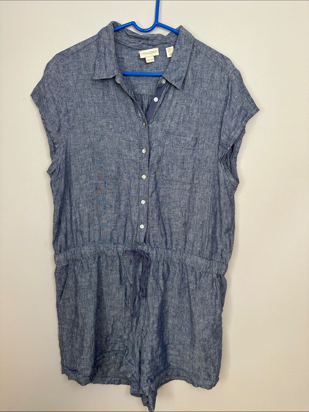 Cynthia Rowley Blue Short-Sleeve 100% Linen Button Romper size XL